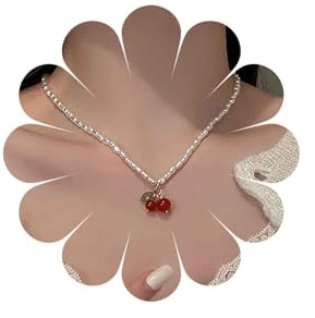 Inateannal Boho Perlen Choker Halskette Rote Kirsche Anhänger Halskette Goldene Perle Perlenkette Halskette Vintage Barock Perlenkette Kettenschmuck Für Frauen