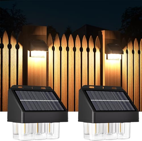 EDISONFIRE Solar Fence Lights Outdoor - 2 Pack, Garden Fence IP67 Waterproof, Warm White 3-Bulb Solar Wall Lights for Patio Decking & Yard Decoration