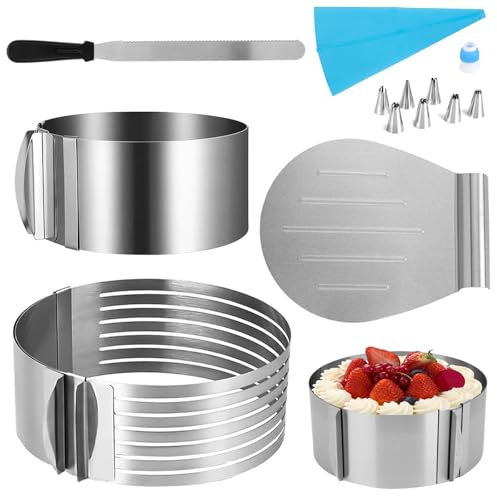 HDKAJL Edelstahl Tortenset 13-teilig – Verstellbarer Tortenring Ø16-30cm & Kuchenbodenschneider Ø24-30cm, inkl. Spritzbeutel Set & Kuchenheber, geeignet für Hochzeit, Geburtstag & Hausbacken