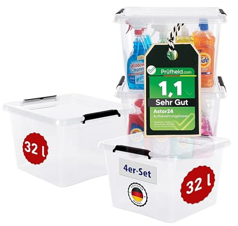 astor24 [Test SEHR GUT, NOTE 1.1] Aufbewahrungsboxen 4x 32 L, Aufbewahrungsbox mit Deckel, Aufbewahrung und Organisation, Organizer für Küche Büro Haushalt Schrank Schubladen [MADE IN EUROPE]