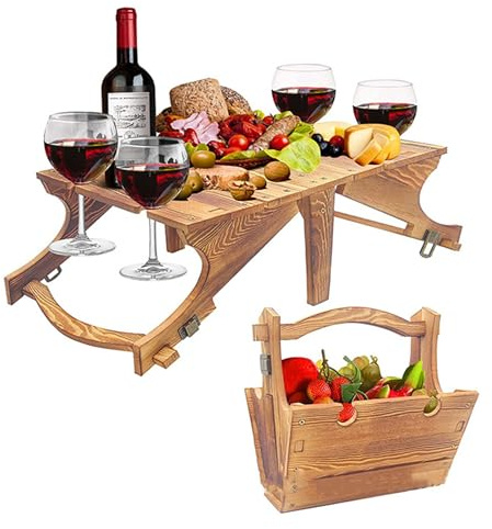 KDAMGOQE Foldable Picnic Table, Foldable Picnic Table, 2-in-1 Wooden Folding Basket with Wine Glass Holder Portable Outdoor Storage for Camping Beach Wine Lover Gift 11.8 * 9.1 * 5.9inch