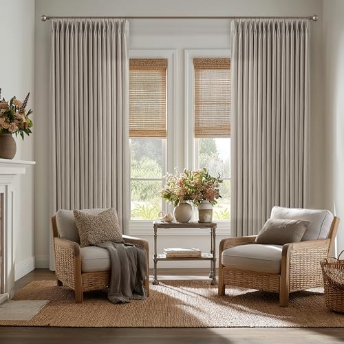 Dark Flax Pinch Pleated Viral Drapes 100 Inches Long 2 Panels Set for Living Room Dining Sliding Glass Door Luxury Pleat Linen Light Filtering Bedroom Curtain Ceiling Track System Taupe Burlywood