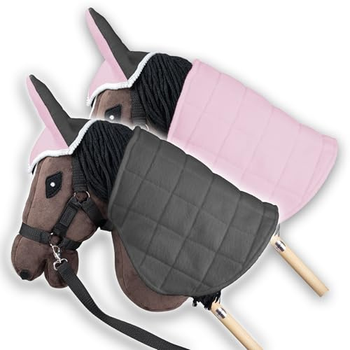 SKIPPI Hobby Horse Blanket and Ear Bonnet, Hobby Horse Accessories | Pink and Grey, Reversible Horse Rug and Fly Veil for Horse on a Stick