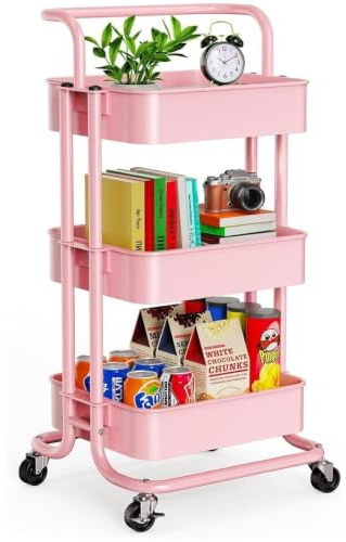 Direct Online Houseware 3-Tier Utility Cart Metal Rolling Trolley with Shelves Organizer 90 x 40 x 35 cm (Pink)