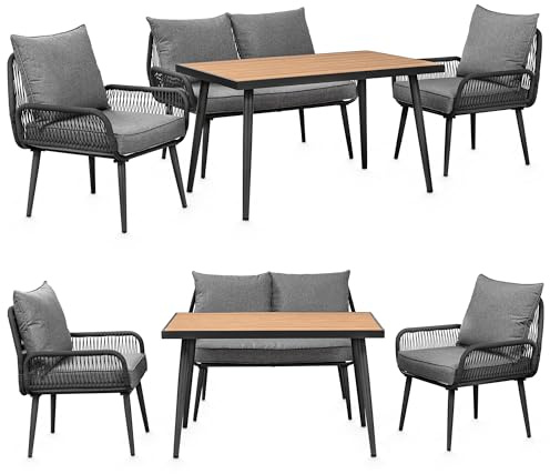 Swing&Harmonie® Gartenmöbel Lounge-Set „Sienna“ – Sitzgruppe mit Tisch, Sofa, Sesseln & Stühlen – wetterfest – Seilgeflecht – WPC-Tischplatte – Outdoor Essgruppe (anthrazit/grau, 4 Personen)