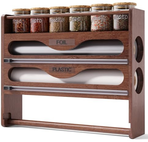 Fibogollo Wrap Dispenser with Cutter and Labels,4-in-1 Wall Mounted Bamboo Plastic Wrap Organizer with Spice shelf and Paper Towel Holder for Aluminum Foil,Cling Wrap,Wax,Parchment,Zipper Bags（Brown）