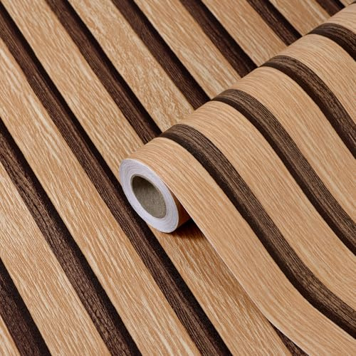 Wood Slat Wallpaper Beige Realistic Wooden Grain Self Adhesive Removable Panel Wall Paper 33 x 305 cm, Vintage Rustic Wallpaper Peel and Stick Contact Paper for Bedroom, Furniture, Feature Walls