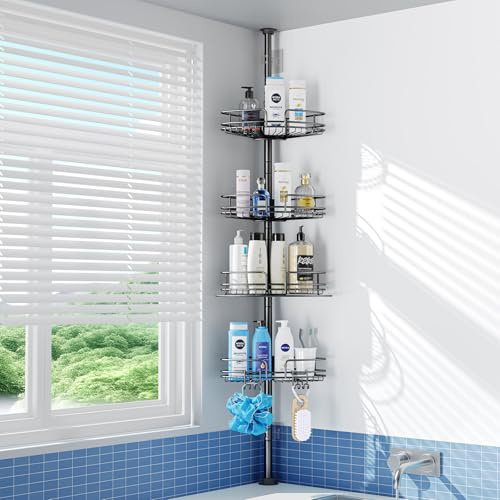 PKBD 4-Tier Rustproof Telescopic Corner Shower Caddy, Height Adjustable No Drilling Bathroom Storage Accessory Shelf Organiser from 58.5 to 317.5 cm, with 4 Large Capacity Adjustable Baskets, Black