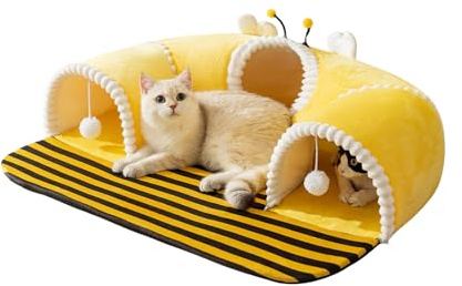 2-in-1 Cat Tunnel Bed with Removable Plush Mat - Cute Bee Shape, Soft Hideout & Play Tube for Bunnies, Guinea Pigs, Chinchillas, Cats, Small Dogs, Puppy, Kitten - Cozy Pet Bed (Medium)