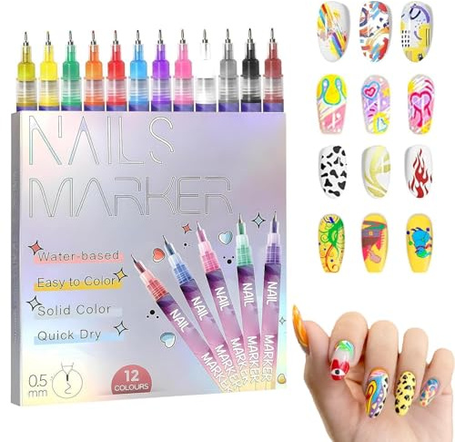 12 Colors Nail Art Pens Set, Nail Markers Kit for Gel Nails, Polish Pens for Kids Adults 3D Nails Art, Quick Dry Graffiti Dotting Drawing Painting Point Liner DIY Tools