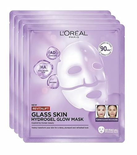 L'Oréal Paris - Masque Visage Hydrogel Éclat, Hydratation Intense, Effet Repulpant à l'Acide Hyaluronique, Inspiré de la Skincare Coréenne - Lot de 4 - Revitalift Filler Glass Skin
