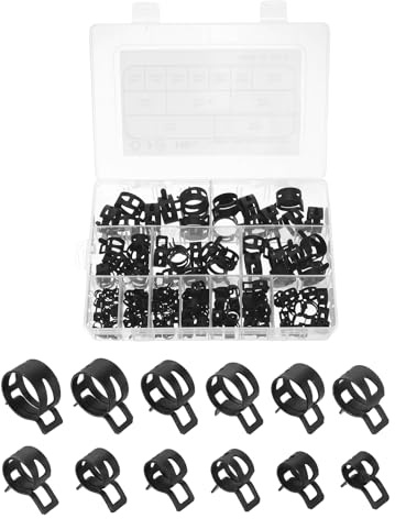 sourcing map 148pcs Spring Band Type Hose Clamps 6/7/9/10/11/12/14/16/18/20/22/25mm Fuel Line Hose Spring Clip Silicone Vacuum Hose Pipe Clamp Low Pressure Tube Clip Fastener, Black