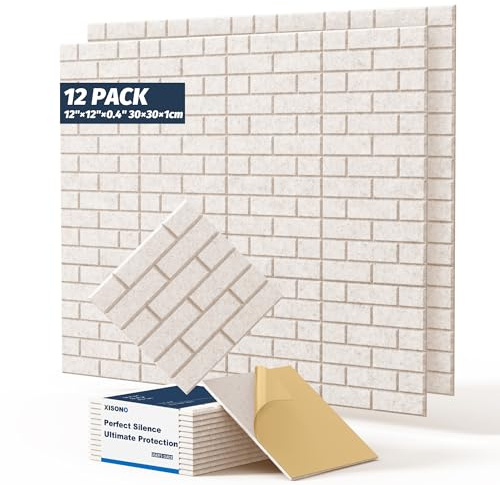 12 Pack soundproof wall panels, Self adhesive square sound proofing panels, 12×12×0.4 high-density Brick Acoustic wall panels, non-toxic waterproof flame-retardant, living rooms, and wall surfaces.