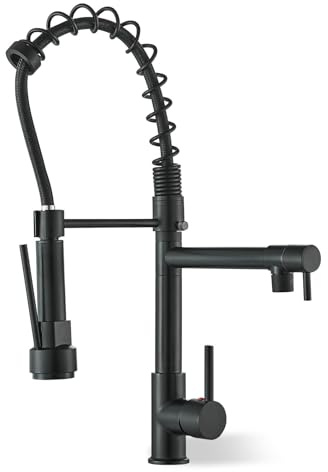 Suguword Commercial Spring Kitchen Tap, High Arc 360° Swivel Sink Faucet with Dual Spouts, Professional All-Metal Mixer Tap for Bar & Kitchen, Heavy-Duty Black