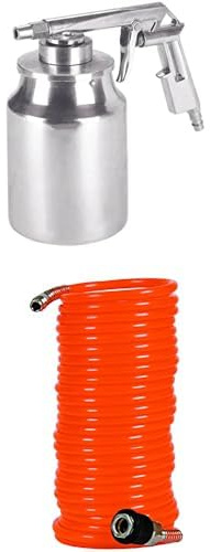 Einhell Pistolet de sablage à air comprimé pour compresseur (8 Bar Max, réservoir 1L, Levier de déclenchement Constant, raccord Inclus) + Tuyau Spirale 8m