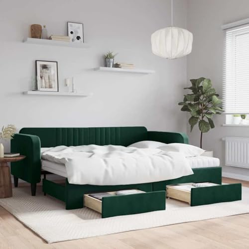 Frdhee Bettkasten Bettrahmen Stauraumbett,Tagesbett Ausziehbar mit Schubladen Dunkelgrün 90x200 cm Samt,Bett Für Schlafzimmer Gästezimmer,Modern,Einfache Montage