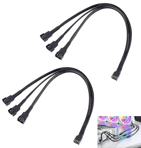 2 PCS 4 Pin PWM Fan Splitter Cable, PC Fan Splitter 1 to 3 27cm 3-Way for Computer Case Cooling Header to 3 Fans, Compatible with 3-Pin & 4-Pin, PWM Control for Gaming PC Cooling Improved Airflow