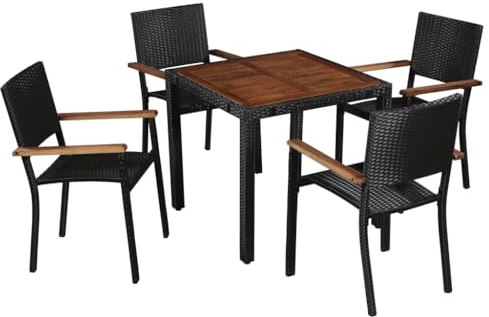 RMIHSJG 5 pezzi Gruppo da giardino in rattan sintetico con tavolo in legno di acacia nero, 1 tavolo e 4 sedie, in polietilene resistente all'acqua per terrazzo e giardino