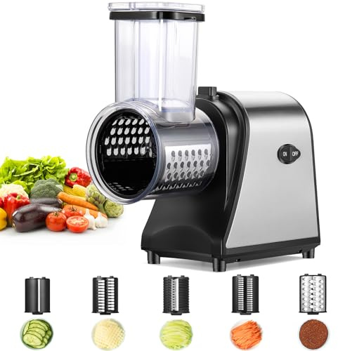 Nictemaw Cortador de Verduras Eléctrico Profesional 250W – Rallador de Queso Acero Inoxidable y Mandolina con 5 Cuchillas – Boca Extra Ancha 9,2cm para Frutas – Rápido Meal Prep
