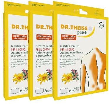 Dr. Theiss - 18 Patch (3x6) Arnica e Artiglio del Diavolo - Cerotti Lenitivi Effetto Caldo Riattivabile (24 Ore) per Tensioni Muscolari, Cervicale e Schiena - 8x13 cm