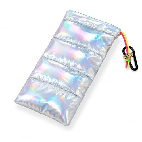 PHX Grove Iridescent Silver Thermal Phone Pouch, 7.48 x 4.13 Inch | Down cotton insulated phone sleeve with drawstring and carabiner for hot and cold weather, skiing, camping and outdoor use