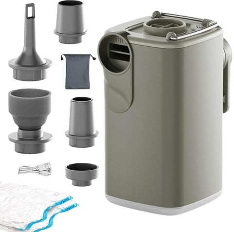 Mini luftpump, bärbar elektrisk pump med campingljus och 5 munstycken, liten pump för uppblåsbar madrass, användning i flytande madrasser hem, resor, sport, strand, utomhus