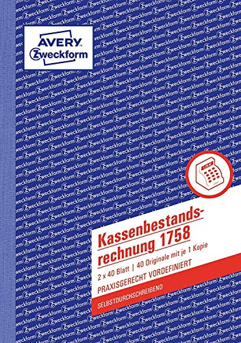 5 Stück Avery Zweckform 1758 Kassenbestandsrechnung (A5, selbstdurchschreibend, 2x40 Blatt) weiß/gelb