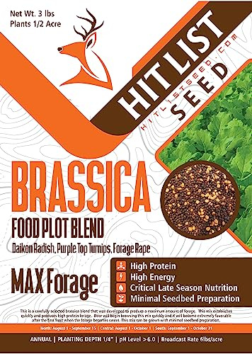 Hit List Seed Brassica Food Plot Seeds for Deer - Annual Mix - Daikon Radish, Purple Top Turnips, Forage Brassica - Fall Planting - 3 lbs (1/2 Acre)