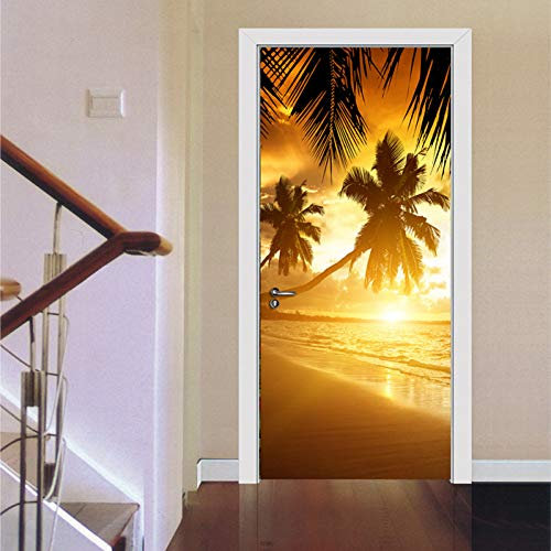 NSDX Türtapete Selbstklebend Palme Sonnenaufgang Strand Landschaft 3D PVC wasserdicht Tür Aufkleber Wohnkultur Wohnzimmer Schlafzimmer Poster Tapete Selbstklebend