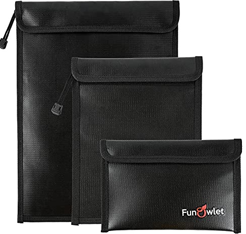 FunOwlet Fireproof Waterproof Document Bag – 3 Pack Fire and Water Resistant Zipper Storage Organizer & Money Safe Pouch Set for Important Papers, Cash, Passports, Jewelry & Electronics (Black)