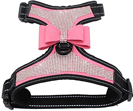 FUNAT Reflective Dog Harness with Rhinestone, Cute Bling Ties Pet Harness, Reflective Chest Strap with Shiny Bow