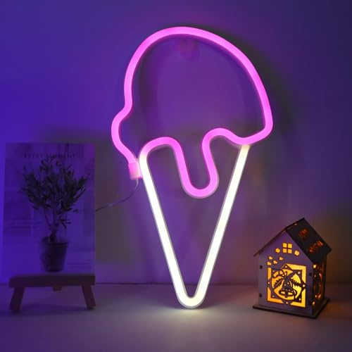 ENUOLI Ice Cream Neon Lights 3*AA Battery/USB Operated Pink Neon Signs for Wall LED Lights for Bedroom Neon Light Signs for Gift