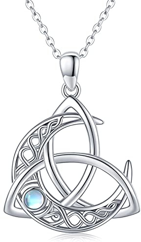 Midir&Etain Keltische Kette 925 Sterling Silber Keltischer Mond Anhänger Halskette Trinity Knot Mondstein Mond Göttin Halskette Schmuck Geschenke für Frauen Damen Mädchen