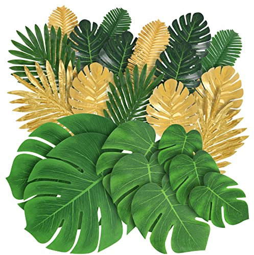 Abzo 77 Pieces 9 Kinds Artificial Palm Leaves for Tropical Party Decorations Golden Tropical Leaves with Stems Jungle Leaves Decoration Hawaiian Party Beach Baby Shower Wedding Birthday Decorations