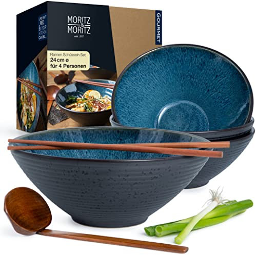 Moritz & Moritz 4 tazones ramen cerámica - 24 cm Ø - juego de cuenco ramen azul para 4 personas - para sopa, Pho y sushi - incl. palillos y cucharas