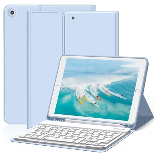 ZOYU Tastatur Hülle für iPad 9./8./7. Generation 10,2 Zoll 2021/2020/2019 | Für iPad 10,2 9/8/7 Gen, Magnetisch Abnehmbarer Bluetooth Keyboard Folio mit Stifthalter, QWERTZ Layout, Himmelblau