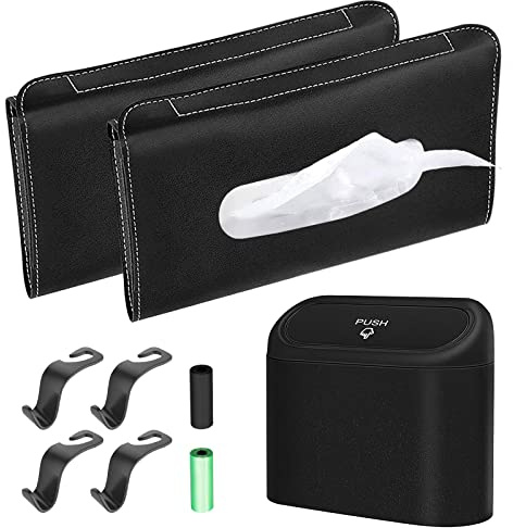 WZYTEU 2 Stück Taschentuchbox Schwarz, Sonnenblende Taschentuchhalter für Die Meisten Autos mit 1 Auto Mülleimer, 4 Haken & 2 Rollen Müllsäcke