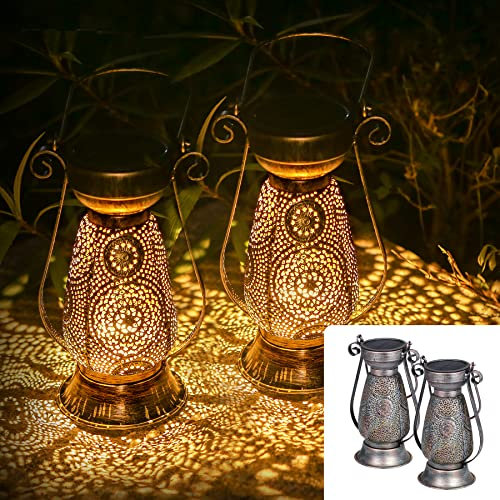 2 Stück Solar Laternen für Draußen, Görvitor IP44 Wasserdicht Metall Solarlaterne für Außen Orientalische, Warmweiß LED Solarlampen für Außen Garten Hängend Balkon Deko Vintage Gartendeko