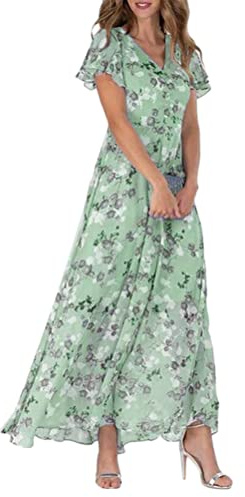 shownicer Femme Robe Chic Longue Col V à Fleur Imprimé Manches Courtes en Chiffon Robe de Plage D'été Casual Plissée Maxi Robes De Soie A Vert XL