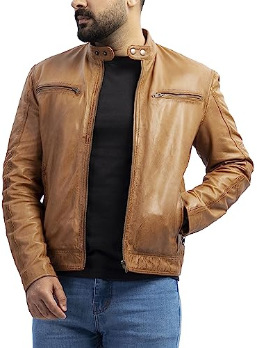 SHOP OF JACKETS LIMITED Giacca da uomo in vera pelle marrone marrone motociclista moto vintage morbida vera pelle di agnello, Marrone, XL