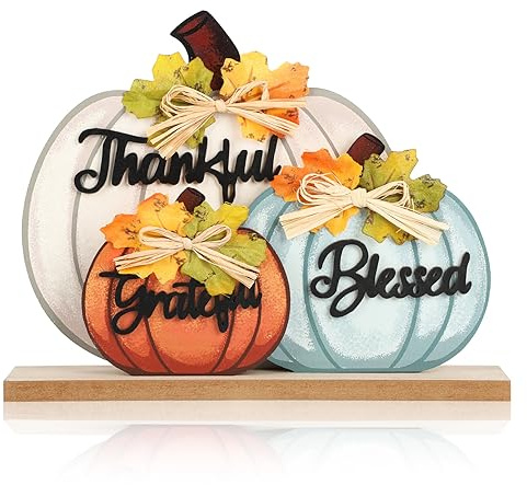 3 Pcs Fall Pumpkin Decor Wooden Table Sign Thankful Blessed Grateful Tabletop for Autumn Farmhouse Vintage Thanksgiving Harvest Party Rustic Home Room Table Shelf Halloween Decorations