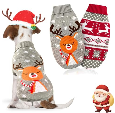 SPERMUOY Hundepullover Weihnachten, 2 Stück Strickpullover Welpe, Winter Warmer Weihnachtspullover für Kleine Hunde und Katzen - L