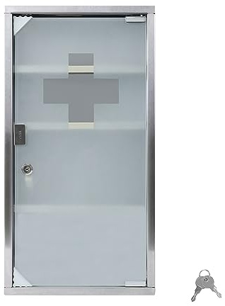 TRMLBE Medizinschrank Medikamentenschrank aus Edelstahl 30x12x57,5cm Apothekerschrank Arzneischrank mit Glas Tür Hausapotheke inkl. 2 Schlüsseln (mit 4 Fächer)