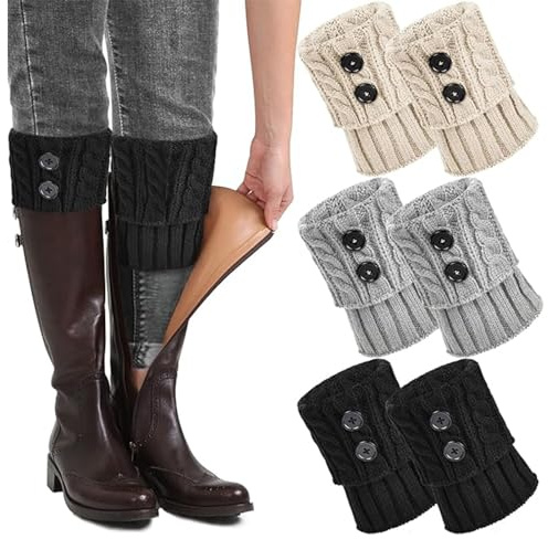 MUNSKT 3 par flätade leggings stickade leggings strumpor, varm och bekväm design, dam varm vinter omslag lårknapp, perfekt vintergåva, en storlek passar alla kvinnor flickor, Beige, grå, svart, one