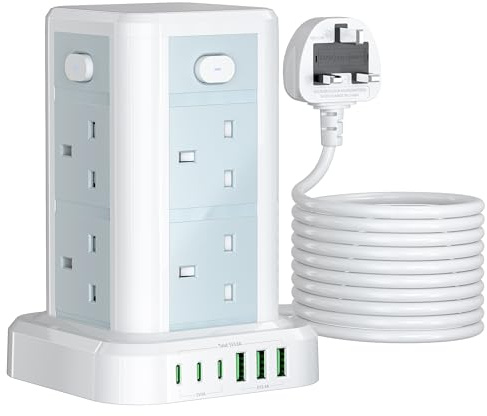 3M Tower Extension Lead with USB, Toomke 8 Way Multi Plug Extension Tower with 6 USB (3 USB C & 3 USB A), Overload Protection Extension Cord with Independent Switches, UK Plug Socket Tower Power Strip