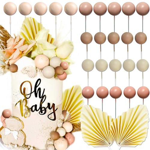 JeVenis 27 PCS Boho Balls Cake Decorations Gold Balls Cake Topper Boho Palm Leaves Oliver Green Cake Decorating for Baby Shower Birthday Wedding