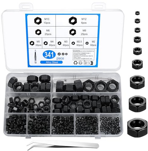341 Pcs Hex Nut Assortment Set, Self-Locking Lock Nuts, Captive Nut, alloy steel Anti-Loose Locknuts, Screwnuts for M2/M2.5/M3/M4/M5/M6/M8/M10/M12