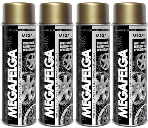 Deco Color 4er Sparpack MEGAFELGA GOLD SEIDENMATT in 500ml - Felgenlack - Lackspray für Alufelgen und Stahlfelgen (4 Dosen 500ml Felgenlack Gold)