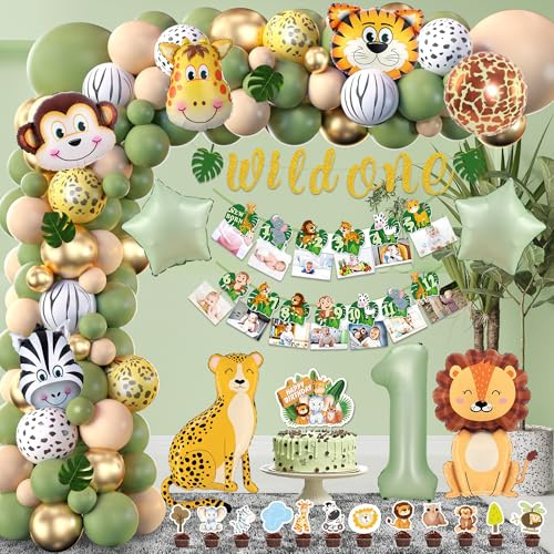 Deko 1. Geburtstag Junge Mädchen - Wild One Geburtstagdeko mit Girlande, Fotobanner, Waldtier Folienballons, Tortendeko, Grün Luftballon Girlande, Dschungel Party Dekoration 1 Jahre