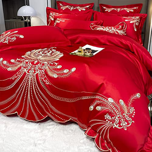 Luxuriöses Bettbezug-Set mit Stickerei, Jacquard-Seidenbettwäsche-Set, gemütliches, atmungsaktives Mikrofaser-Bettbezug-Set mit Reißverschluss und Eckbändern für alle Jahreszeiten (Kingsize, rot)